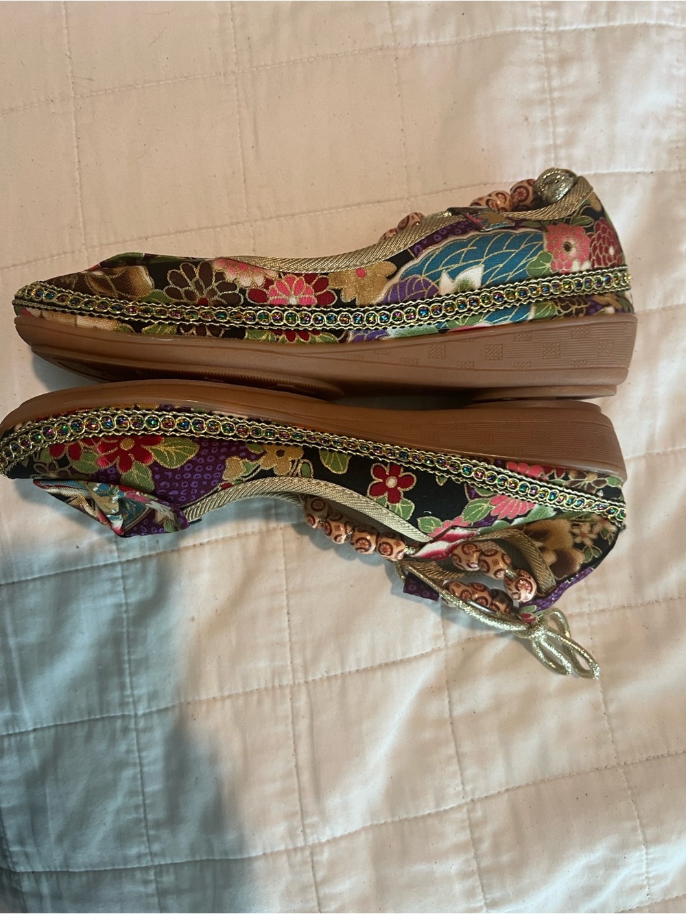 Beginning Boutique Black Multi Floral Ballet Flats with Beaded Ankle Wrap - Picture 4 of 12